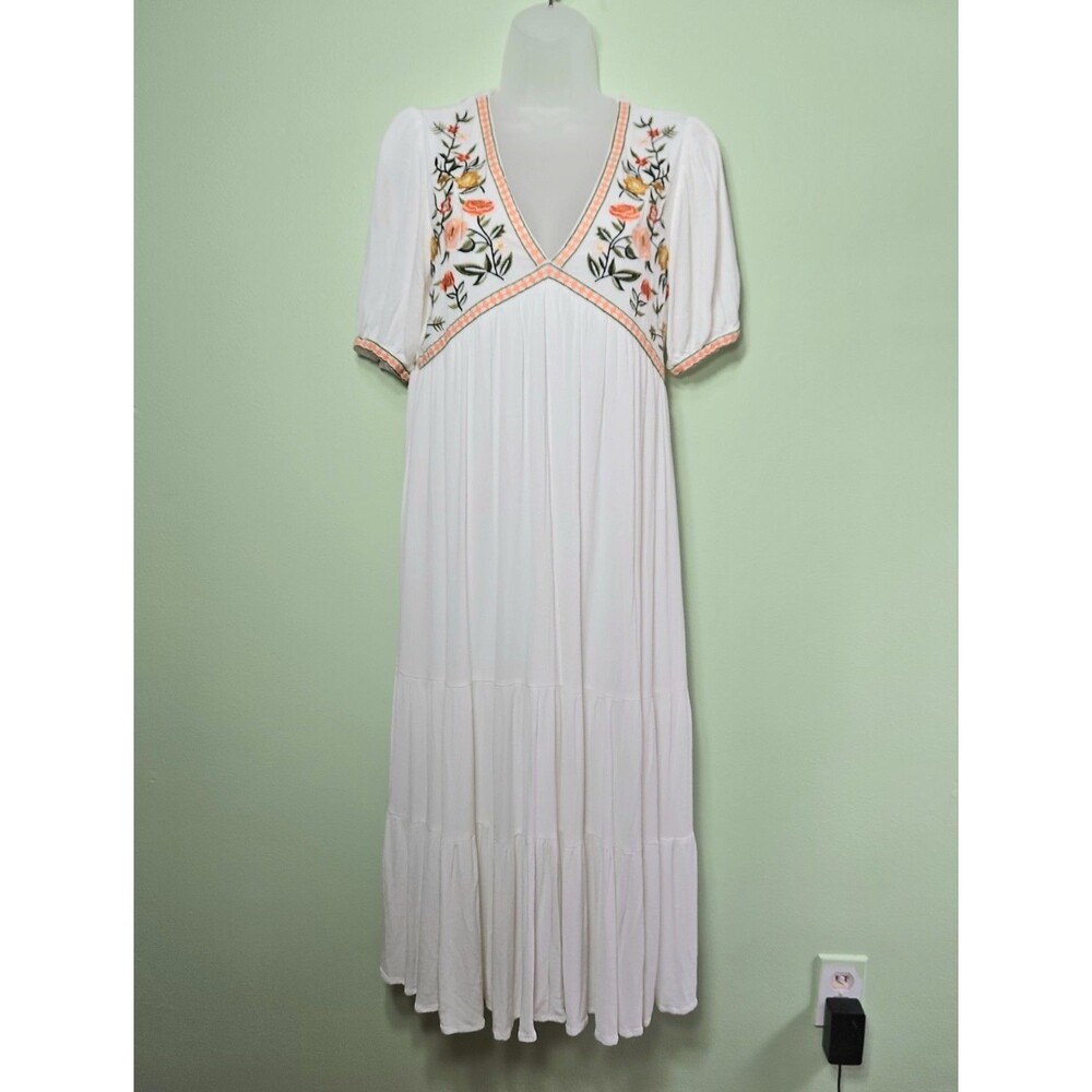 In Loom Large White Embroidered Floral Maxi Dress Boho Cottagecore Garden Beach